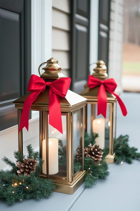 25 Stunning Farmhouse Christmas Porch Decor Ideas Garage Door Lights Christmas Decorations, Red Christmas Lanterns, Decorating Outdoor Lanterns For Christmas, Christmas Outdoor Lanterns, Outdoor Lantern Christmas Decor, Outdoor Christmas Lantern Ideas, Front Porch Christmas Ideas, Farmhouse Christmas Porch Decor, Outdoor Christmas Lanterns