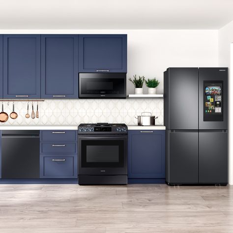 Blue Kitchen Cabinets Black Appliances, Kitchen Ideas With Black Appliances, Black Stainless Appliances, Double Electric Wall Oven, Builder Grade Kitchen, Black Appliances Kitchen, Samsung Appliances, Kitchen Addition, Blue Kitchen Cabinets