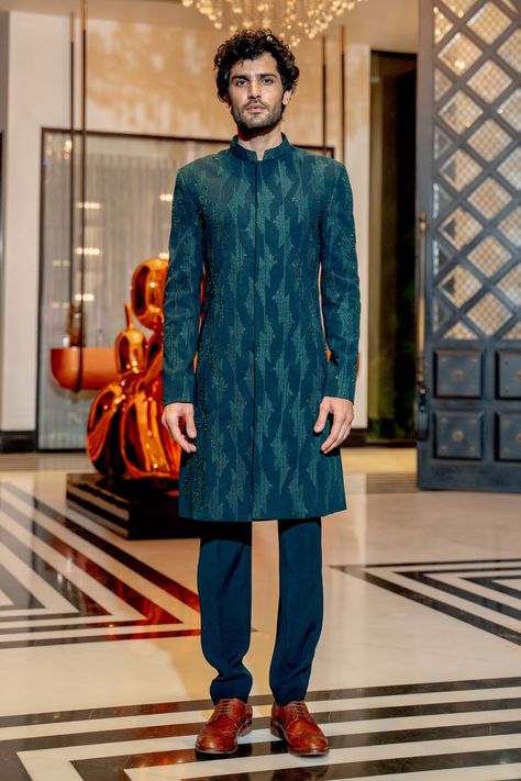 Buy Varun Chakkilam- Men Green Poly Blend Suiting Embroidered Sherwani Set Online | Aza Fashions Green Embroidered Sherwani For Festivals, Green Unstitched Sherwani For Diwali, Luxury Sherwani With Multicolor Embroidery, Straight Kurta, Festive Green Semi-stitched Sherwani, Semi-stitched Green Sherwani With Cutdana, Cape Jumpsuit, Abstract Embroidery, Nehru Jackets, Designer Gowns