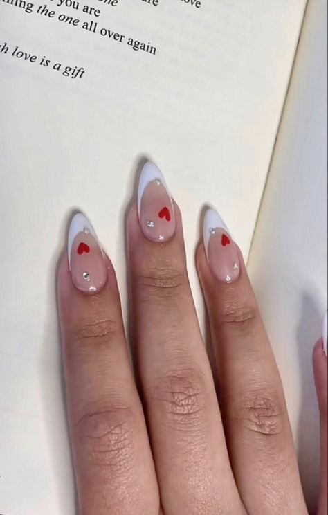 Easy Valentines Nails Almond, Clean Valentines Nails, Easy Valentines Nails French Tip, February Nails French Tips, Valentines Day Nails No French Tip, Clean Girl Nails Valentines, Soft Girl Valentines Nails, Nail Ideas Designs, Almond Gel Nails