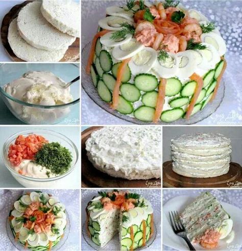 Sandwich Cake Recept Sandwiches, Sandwich Torte, Homemade Sandwich, Cold Sandwiches, Party Sandwiches, Sandwich Cake, Tea Party Food, How To Make Sandwich, Delicious Sandwiches