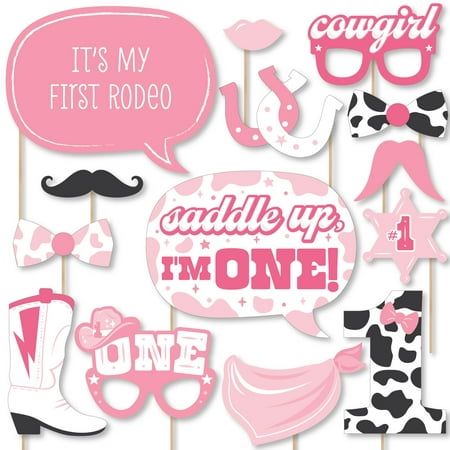 If you are going to have a Cowgirl 1st Birthday Party photo booth, then having the best photo booth props is a must. Our Big Dot of Happiness Pink First Rodeo photo prop cutouts will help you easily create fun party photos at your Cowgirl 1st Birthday Party. The photo booth prop kit comes with 20 pieces and is ready for quick assembly. Simply add the included prop kit sticks to each prop, attaching with the included clear stickers, and display alongside a fun Western photo booth backdrop. Your p Cowgirl 1st Birthday Party, Cowgirl 1st Birthday, Birthday Party Photo Booth, Rodeo Birthday Parties, Diy Photo Booth Props, Party Photo Booth Props, Western Birthday Party, Rodeo Party, Western Birthday