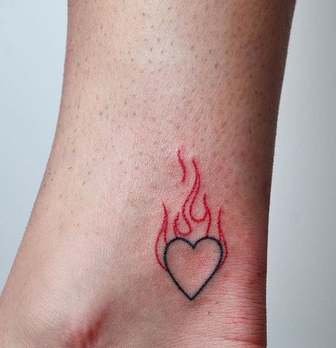 Small Heart With Flames Tattoo, Flaming Heart Tattoo Simple, Flame Tattoos, Fire Tattoo, Bff Tattoos, Red Ink Tattoos, Red Tattoos, Geometric Elements, Tattoo Style Drawings