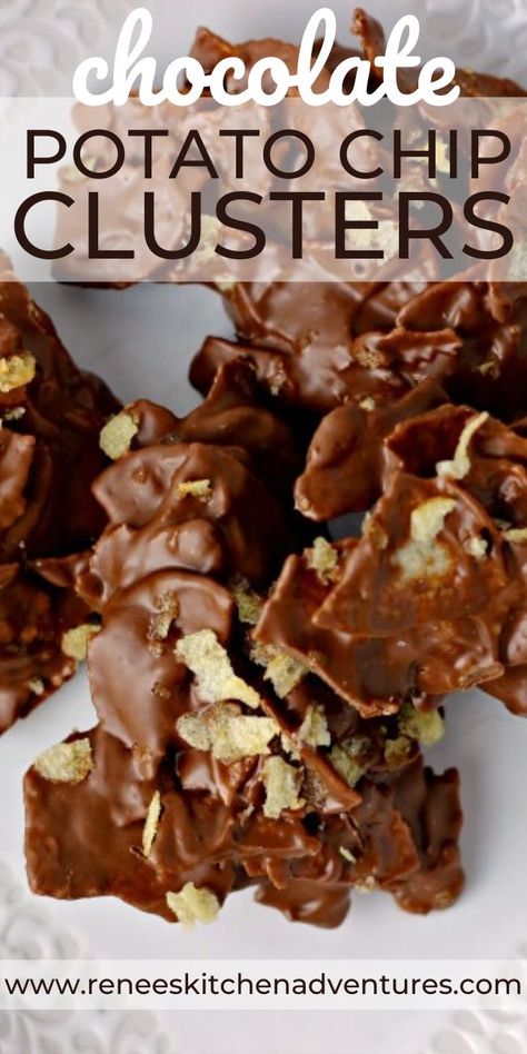 Chocolate Potato Chip Clusters by Renee's Kitchen Adventures super easy 2 ingredient homemade candy recipe that's sweet, crunchy, and salty! #RKArecipes #candyrecipe Sweet And Salty Treats, Chocolate Covered Chips Recipe, Chips And Chocolate, Best Homemade Candy, Salty Dessert Recipes, Sweet Crunchy Snacks, Potato Chip Bark Recipes, Candy Recipes Homemade Christmas, Sweet And Salty Christmas Treats