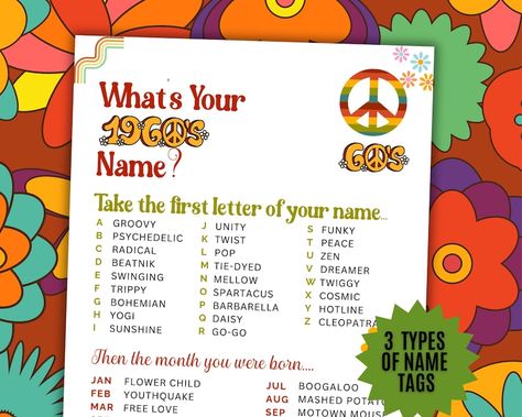 What's Your 60s Name Game, SIGN + NAME TAGS, Groovy 60s Party, Disco, Hippie 60s, Retro Groovy Party Game, Back to the 60s Activity Games Kids Games Indoor, Birthday Disco, Bookmarks Coloring, Back To The 60s, Printable Products, Games Indoor, Groovy Party, 60s Party, Birthday Party Games For Kids