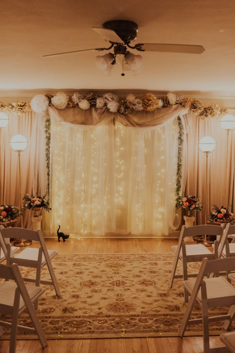 Lights and flowers in living room for at home wedding 25th Anniversary Decorations, Wedding Reception At Home, Indoor Wedding Decorations, Led Window, Wedding Anniversary Decorations, Curtain String Lights, Engagement Ceremony, Home Wedding Decorations, Engagement Party Decorations