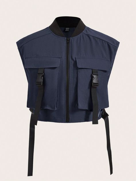 Navy Woven Women Cargo Jacket Navy Blue   Sleeveless Woven Fabric  vest Non-Stretch  Women Clothing, size features are:Bust: ,Length: ,Sleeve Length: Techwear Jacket, Blue Vest, Blue Vests, Fashion Aesthetics, Slim Fit Top, Cargo Jacket, Elegant Dresses Long, Dark Jeans, Women Cargos