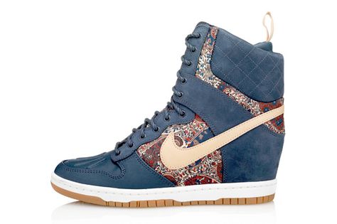 liberty-london-nike-dunk-sky-hi-sneakerboot-bourton-1 Trendy Womens Sneakers, Blue Wedge Heels, Navy Blue Wedges, Hidden Wedge Sneakers, Navy Blue Shoes, Sneaker Magazine, Floral Sneakers, Light Weight Shoes, Shoes Heels Wedges