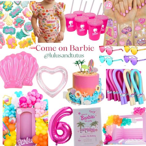 Malibu Barbie Surfboard, Tropical Barbie Party, Malibu Beach Barbie Party, Barbie Birthday Pool Party, Beach Barbie Birthday Party, Barbie Swim Party, Barbie Pool Party Cake, Barbie Pool Cake, Barbie Beach Birthday Party