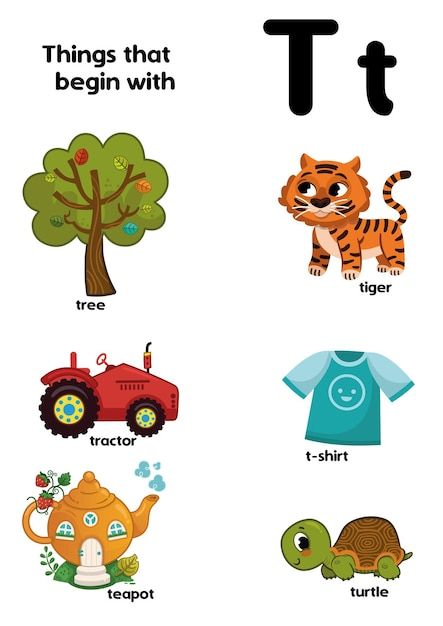 Things that start with the letter t educ... | Premium Vector #Freepik #vector #kindergarten-school #kids-worksheet #kids-alphabet #worksheet Letter T Pictures, T Is For, Letter T Worksheets For Preschool, Preschool Background, Letter T Words, Tree Preschool, Letter T Activities, Alphabet School, Cursive Writing Practice Sheets