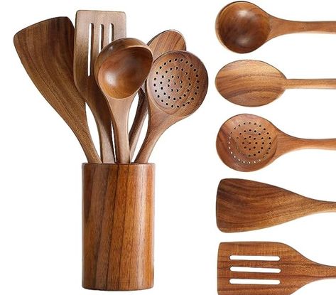 PRICES MAY VARY. [**EXCELLENT GIFT FOR THE CHEF IN YOUR LIFE**] Great gift for a chef or anyone that loves to cook whether you are a beginner or experienced chef. Beautiful and elegant design that can be displayed in any kitchen. [**COMPLETE UTENSIL SET WITH HOLDER*] This is a complete 6 set of wooden kitchen utensils that you will use for all your cooking and mixing needs. This set includes all the necessary utensils you need in the kitchen. [ **ALL THE COOKING UTENSILS YOU NEED**] Set includes Wooden Cooking Utensils Set, Wooden Utensils Set, Wooden Cooking Utensils, Kitchen Spatula, Cooking Spatula, Wooden Kitchen Utensils, Wood Utensils, Natural Teak Wood, Wooden Spatula