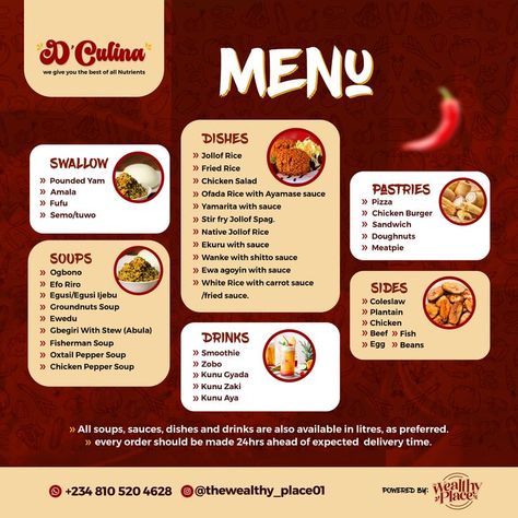 Restaurant Design Concepts, Menu Card Design, Nice Designs, Food Flyer, Menu Flyer, Flyers Design, Jollof Rice, Food Menu Design, Graphic Design Flyer