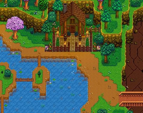 Stardew Valley Decorating The Town, Stardew Valley Adventures Guild, Stardew Town Decoration, Stardew Valley Town Decor, Stardew Decor, Stardew Farm, Stardew Farms, Stardew Valley Layout, Stardew Valley Tips