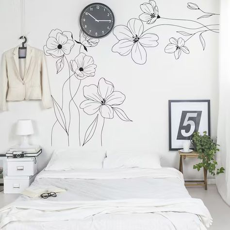 LilinMomo - Etsy Accent Wall Floral, Drawing Corner, Line Drawing Flowers, Floral Line Drawing, Minimal Line Drawing, Nursery Artwork, Focal Wall, Drawing Flowers, Floor Decal