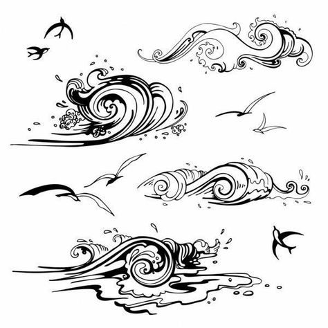 J Symbol, Wave Tattoo Ideas, Wave Drawing, Sailor Tattoo, Sea Illustration, Water Tattoo, Marquesan Tattoos, Fantasy World Map, Wave Tattoo