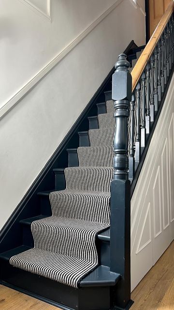 Painted Stripes On Stairs, Dark Stairs Carpet, Stripy Stair Carpet And Landing, End Of Stairs Ideas, Victorian Bannister Ideas, Farrow And Ball Railings Stair Bannister, Contrast Trim Stairs, Painted Wooden Bannister Ideas, Black And White Staircases