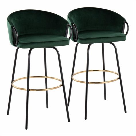 LumiSource Claire 30 in. Metal Base Swivel Velvet Barstool - Set of 2 | Hayneedle Jewel Tone Bar Stools, Contemporary Glam, Contemporary Bar, 30 Bar Stools, Upholstered Stool, Black Bar Stools, Green Cushions, Adjustable Bar Stools, Swivel Stool