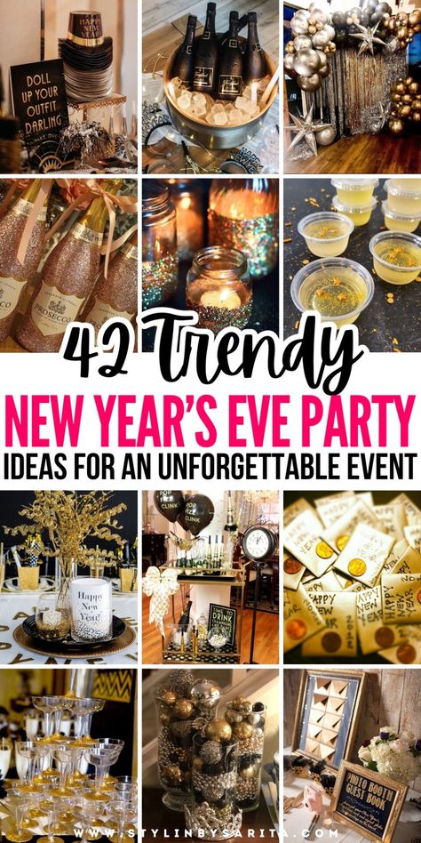 40+ NEW YEARS EVE PARTY IDEAS FOR A SUPER FUN NIGHT - Stylin by Sarita New Years Work Party, New Years Eve Celebration Ideas, New Year’s Eve Celebration, Ideas For New Year Gifts, Nye Party Ideas For Adults, How To Plan A New Years Eve Party, Fun Things To Do On New Years Eve, New Year Backdrop Ideas Diy, Unique New Years Eve Party Ideas