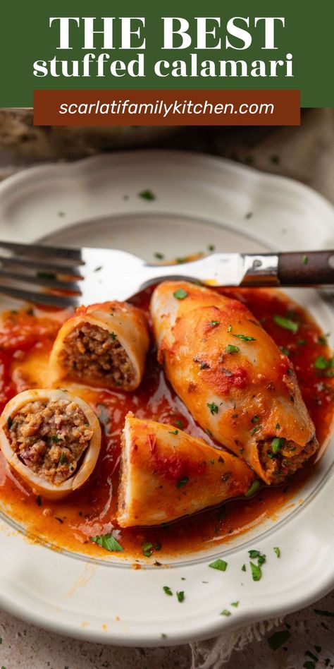 Italian Stuffed Squid Recipes, Italian Squid Recipes, Stuffed Calamari Italian, Baked Squid Recipes, Stuffed Squid Italian, Authentic Italian Seafood Recipes, Authentic Italian Fish Recipes, Stuffed Calamari Recipes, Stuffed Calamari Tubes Recipe