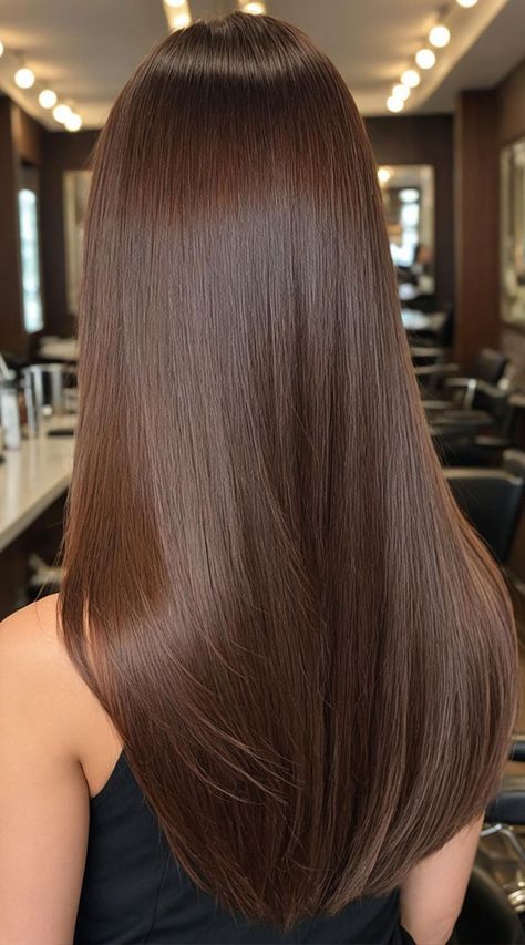 Dark Chestnut hair color idea Dark Colors For Hair, Hair Colour In Straight Hair, Cool Chestnut Hair Color, Brown Shades Color Hair, Chestnut Brown Hair Straight, Chocolate Brown With Babylights, Brown Foliage Hair, Brown Colour Hair Shades, Dark Hair One Color