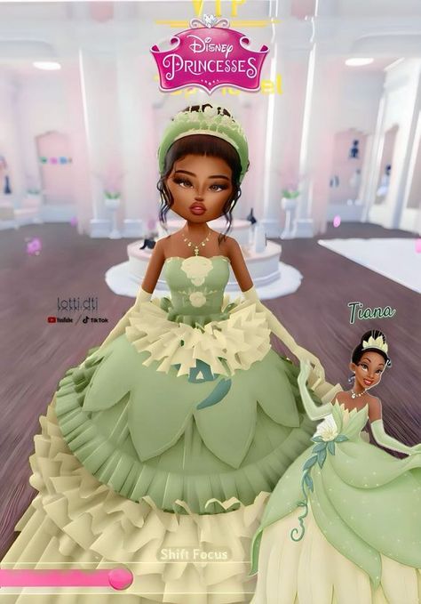 Princess And The Frog Dress To Impress, Dress To Impress Outfits Roblox Game Theme Maximalist, Tiana Dti Outfit, Roblox Dti Disney Princess, Princess Tiana Dress To Impress, Green Dti Outfits, Princess Dti Ideas, Di Top Model Outfit, Tiana Dress To Impress