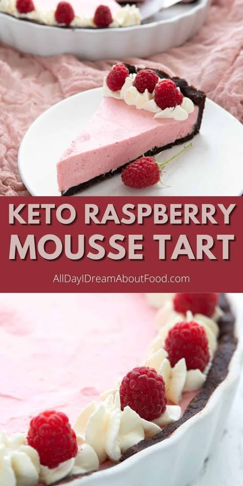 Keto Tart Recipes, Keto Mousse Cake, Keto Dessert Mousse, Pink Keto Desserts, Keto Raspberry Desserts, Keto Tart, Low Carb Raspberry Desserts, Keto Tarts, Keto Raspberry Desserts Easy