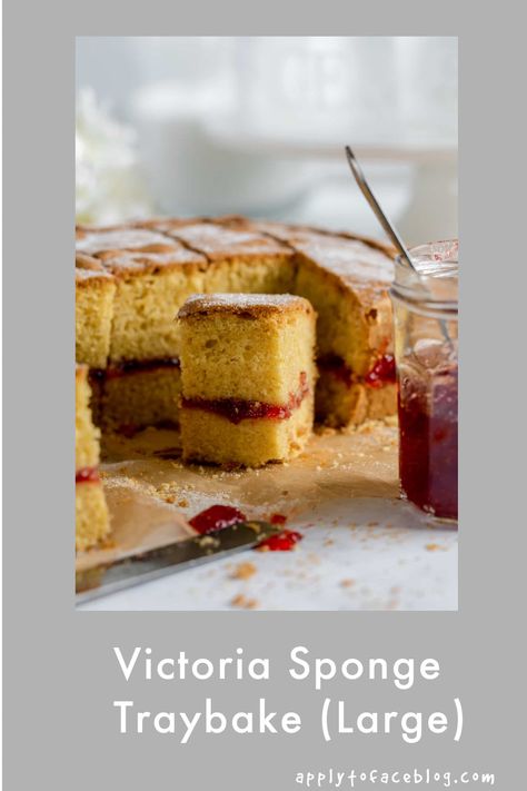 Large Victoria Sponge Traybake recipe that is perfect for feeding a crowd Ideal for the Platinum Jubilee in the U.K or for afternoon tea or cake sales. Easy, simple and a classic traditional bake. #applytofaceblog #platinumjubileerecipes #victoriasandwichrecipe #largevictoriasponge #largecakerecipes Sponge Traybake, Traybake Cake, Uk Food, Tray Bake Recipes, Tray Bake, Bake Recipes, Square Cake, Sponge Cake Recipes, Xmas Cake