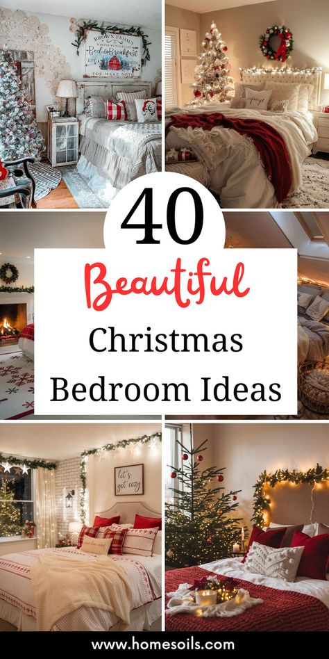 Create a festive haven with 40 beautiful Christmas bedroom ideas filled with holiday magic! Get inspired to transform your space—visit our site now! How To Fall Asleep On Christmas Eve Night, Holiday Bedroom Decorating Ideas, Christmas Decorations In Bedroom, Christmas Canopy Bed, Decorating Bedrooms For Christmas, Elegant Christmas Bedroom, Pastel Christmas Bedroom, Decorating A Bedroom For Christmas, Christmas Decorating Ideas For Bedroom