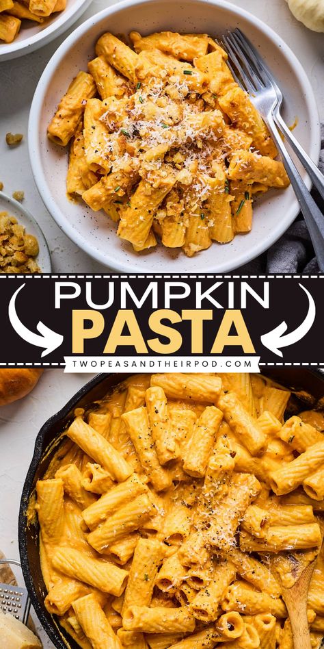 This Pumpkin Pasta is an easy Fall recipe that's creamy, cozy, and comforting! Add this delicious pasta recipe to your favorite pumpkin food ideas! Cheesy Pumpkin Pasta, Pumpkin Pasta Healthy, Pumpkin Pasta Dough, Pumpkin And Ricotta Recipes, Classic Fall Recipes, Fall Meals Easy, Pumpkin Feta Pasta, Halloween Pasta Recipes, Fall Instapot Recipes