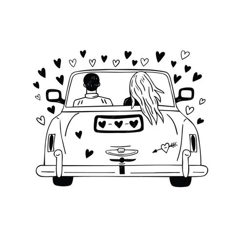 Couple In Car Illustration, Honeymoon Drawing, Wheel Drawing, Cute Love Doodles Couples, Couple In Car, Road Trip Art, Just Married Sign, Love Doodles, Couple Illustration