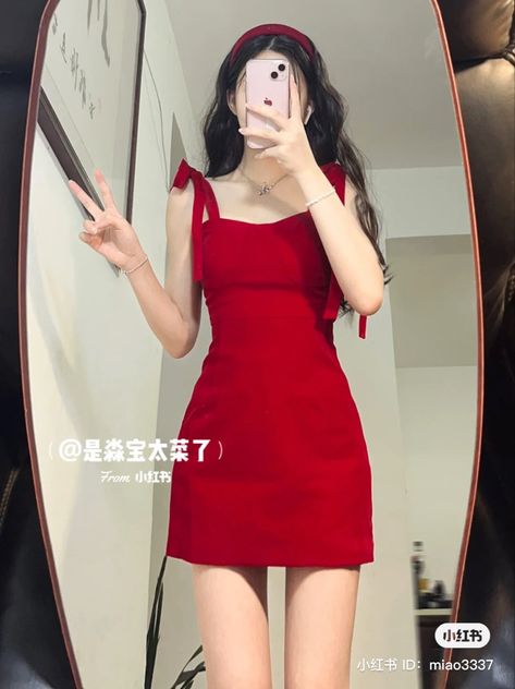 Korean Style Party Dress, Red Dress Korean Style, Korean Red Dress Party, Korean Red Outfit, Korean Night Dress, Korean Dress Party Night, Korean Red Dress, Party Dresses For Women Night Classy, Simple Red Dress