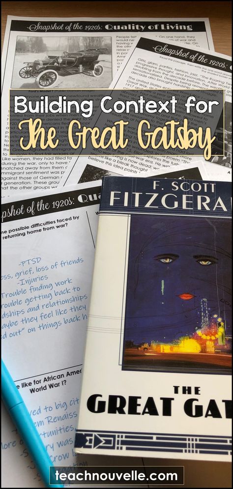 Teaching the Great Gatsby? To deepen student thinking and discussion, situate this American classic within its historical context. (blog post) Teaching American Literature, High School Language Arts, Teaching Shakespeare, Building Background, Secondary English, Language Arts Classroom, Ela Teacher, Teaching Ela, Struggling Readers