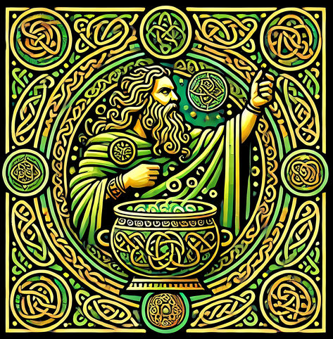 The Dagda: Celtic god of abundance and magic, celebrated on posters and t-shirts with intricate Celtic knotwork and symbols. Dagda Celtic God Art, Dagda Celtic God, Mosaic Torso, Script Manifestation, The Dagda, Celtic Forest, Welsh Mythology, Life Script, Celtic Paganism