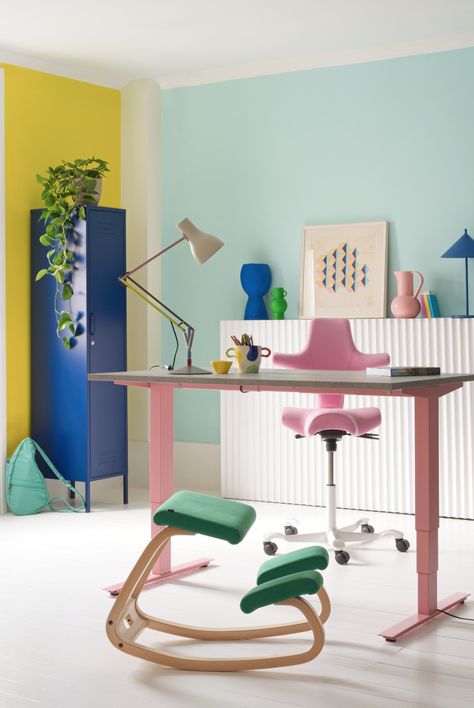 Colourful Office, Colorful Office Design, Contemporary Office Interiors, Pastel Danish, Sleek Office, Office Shelving, Modern Office Interiors, Office Space Design, Modern Office Design