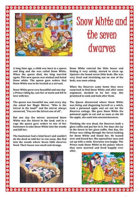 SNOW WHITE - English ESL Worksheets Story English Book, Snow White Story Book, Snow White Short Story, English Fairytales, English Story Telling, Story Telling For Kids, Snow White Story, 2x2 Picture, Short Fairy Tales