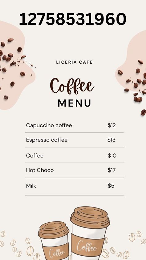 Coffee Menu Bloxburg Codes, Caffe Ideas Bloxburg, Cafe Decals Bloxburg Logo, Bloxburg Building Ideas Cafe, Roblox Coffee Shop Decals, Bloxburg Sweet Shop, Bloxburg Coffee Shop Menu Decals, Bloxburg Resturaunt Ideas, Bloxburg Ice Cream Stand