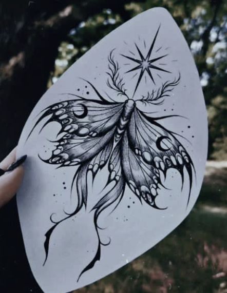 Tattoos For Goths, Luna Moth Tattoo Ideas, Luna Moth And Moon Tattoo, Surealism Art Tattoos, Moth Collar Bone Tattoo, Dark Goth Tattoos, Spider Lily Chest Tattoo, Hamstring Tattoo Women, Flower Spider Tattoo