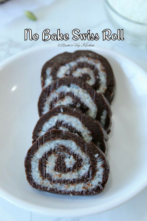 No Bake Swiss Roll – Ruchi's Veg Kitchen Veg Deserts Recipes, Fire Less Cooking Recipes For Kids, No Fire Cooking Recipes For Kids, Non Fire Cooking Recipes For Kids, No Fire Cooking Recipes, Cooking Recipes Veg, Diwali Treats, Vegetarian Platter, Swiss Rolls