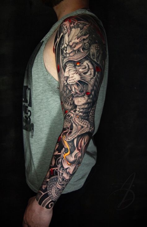 Norse Warrior Art, Japan Sleeve Tattoo, Ancient Viking Tattoos, Shogun Tattoo, Ryan Tattoo, Traditional Japanese Tattoo Sleeve, Japanese Tattoo Sleeve, Japanese Warrior Tattoo, Samurai Tattoo Sleeve