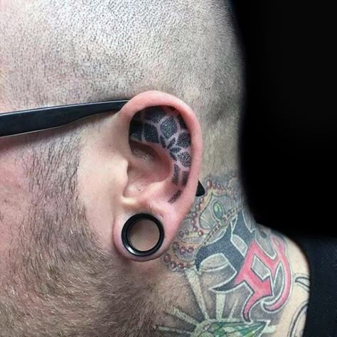 Mens Floral Dotwork Inner Ear Tatoos Mens Ear Tattoo Ideas, Ear Tatoos Man, Inner Ear Tattoo Men, Men’s Ear Tattoo, Inner Ear Tattoos For Men, Mens Ear Tattoo, Men Ear Tattoo, Ear Tattoo Men, Ear Tattoos For Men