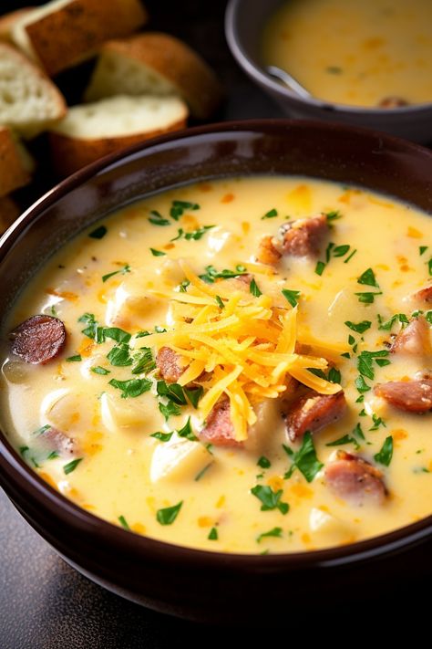 Cheesy Potato Kielbasa Soup, Potato Kielbasa Soup, Kielbasa Crockpot, Potato Kielbasa, Kielbasa Potatoes, Kielbasa Soup, How To Cook Kielbasa, Kielbasa And Potatoes, Cheesy Potato Soup