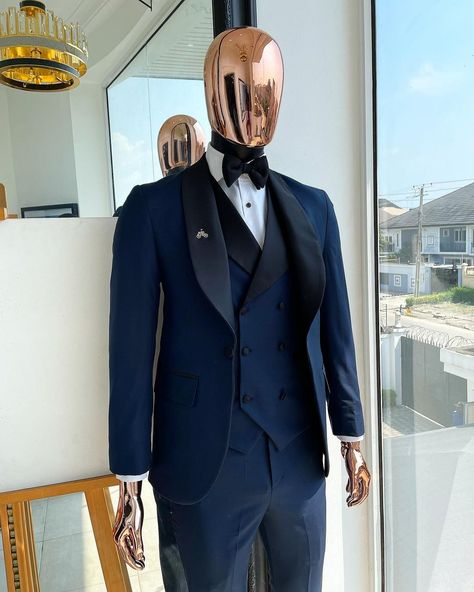 Deji & Kola on Instagram: “A Midnight Blue tuxedo suit with black shawl lapel, double breasted waist coat, bow tie, pant trousers, shirt & pocket square What you get…” Midnight Blue Tuxedo, Waist Coat Men, Midnight Blue Suit, Imessage Text, Midnight Blue Wedding, Bow Tie Pants, Bow Tie Suit, Blue Tuxedo, White Bridal Shoes