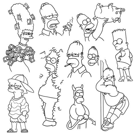 Patchwork Tattoo Outline, Cartoon Outlines To Draw, Coloring Pages Simpsons, Cartoon Flash Art, The Simpson Tattoo, Ignorant Tattoo Design, The Simpsons Tattoo Ideas, Simpson Tattoo Design, Cartoon Tattoo Stencils