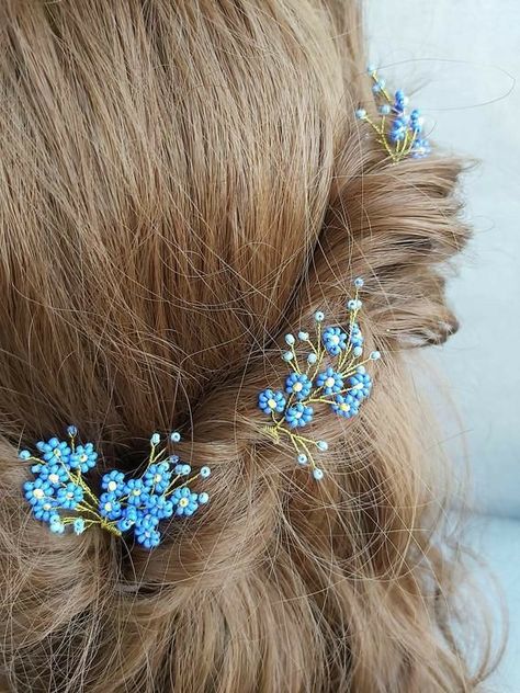 Forget Me Not Wedding Dress, Bride Hair Clip, Something Blue For Bride, Bride Hair Clips, Beaded Hair Pins, Bead Hair Accessories, Hippie Wedding, Bridesmaid Hair Accessories, Bride Hair