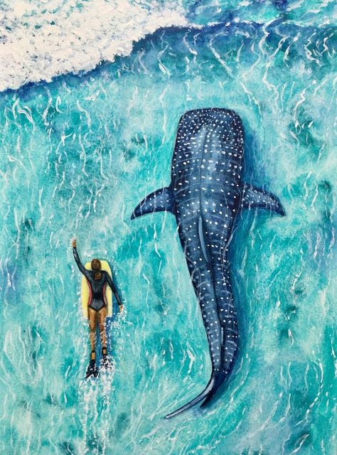 Shark Painting, Surf Painting, Shark Drawing, Shark Art, Whale Art, Art Watercolor Painting, Sea Painting, Whale Shark, Surf Art