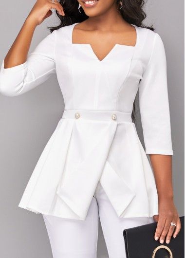 White Tops For Office, White Solid Color Top For Party, White Solid Color Top For Office, White Solid Color Office Tops, Fitted White Office Tops, White Casual Blouse With Split Neck, White Peplum Top For Party, Elegant White Solid Color Blouse, Casual White Split Neck Blouse