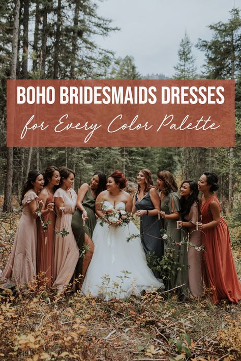 Our roundup of boho bridesmaids dresses for any color palette now on the blog | Image by Maggie Grace Photography Vintage Boho Bridesmaid Dresses, Outdoor Fall Bridesmaid Dresses, Boho Bridesmaid Dress Mismatched Fall, Bridesmaid Dresses Boho Rustic, Western Boho Bridesmaid Dresses, Boho Chic Bridesmaid Dress, Color Guide Bridesmaids Dresses, Boho Bridesmaids Dresses, Boho Bridal Party Attire