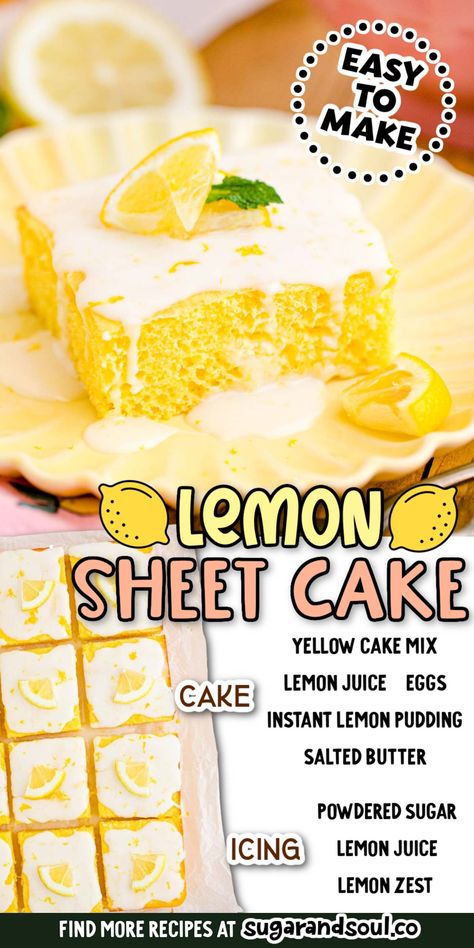 Lemon Sheet Cake is a tender, moist dessert that's made with a doctored-up boxed yellow cake mix and covered with a 3 ingredient lemon glaze! Ready to enjoy in just 35 minutes! via @sugarandsoulco Lemon Cake Doctored, Yellow Cake Mix Lemon Cake, 7up Lemon Sheet Cake, Lemon Sheet Cake With Glaze, Lemon Cake Recipes Using Cake Mix Boxes And Pudding, Lemon Cake From Yellow Box Cake, Box Mix Sheet Cake Recipes, Lemon Pudding Cake Mix Easy Recipes, Doctored Lemon Cake Mix Recipes