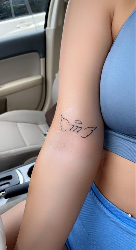 Angel Wing Design Tattoo, Angel And Angel Number Tattoo, Cute Angel Number Tattoos, 777 Tattoo On Arm, 444 Angel Tattoo Ideas, Number With Angel Wings Tattoo, Angel Number With Wings Tattoo, 444 Tattoo With Wings, 777 Tattoo Ideas Women