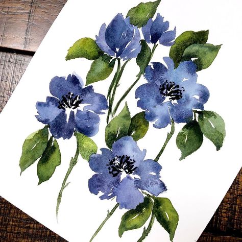 Blue Flower Illustration, Blue Flower Watercolor, Drawing Hacks, Loose Bouquet, Modern Watercolor Art, Dark Blue Flowers, Window Panes, Flower Drawings, Watercolor Beginner